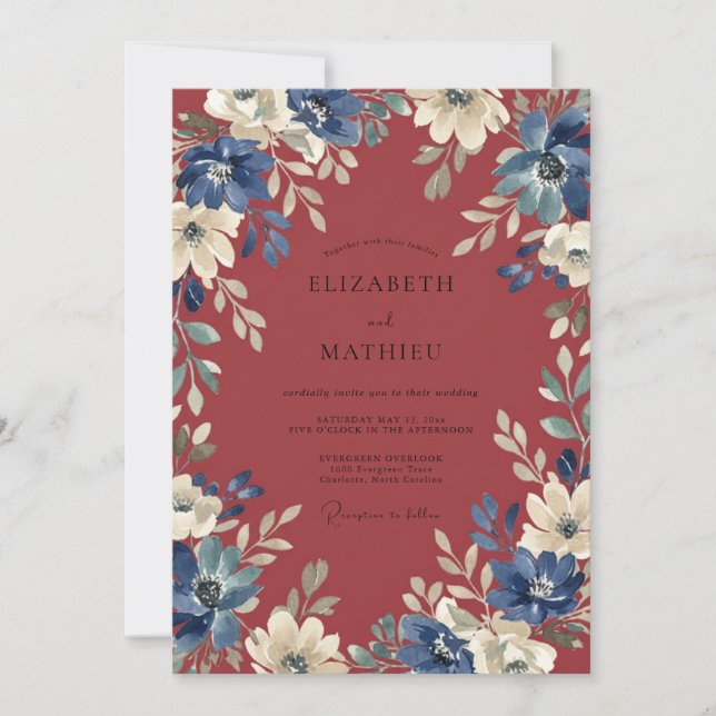 Ruby Cobalt Blossom Wedding Invitation (Front)