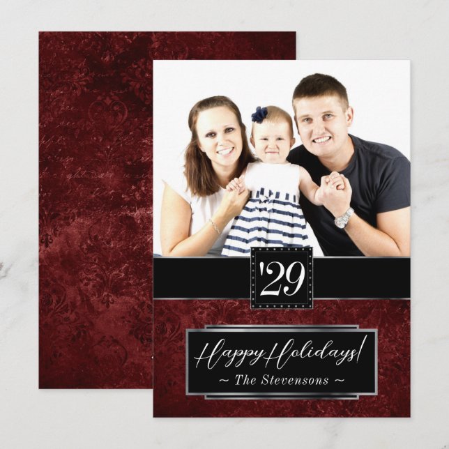 Ruby Crimson Red | Classic Grunge Watercolor Photo Holiday Card (Front/Back)