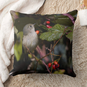 Ruby-Crowned Kinglet Songbird on Hawthorn Bush Throw Pillow