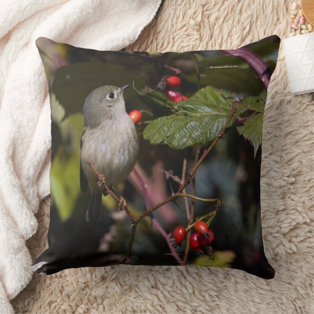 Ruby-Crowned Kinglet Songbird on Hawthorn Bush Throw Pillow (Blanket)