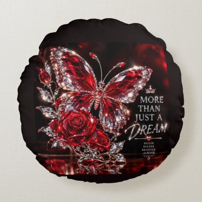 Ruby Crystal Butterfly & Rose Round Pillow (Front)
