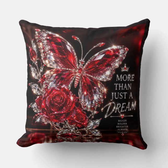 Ruby Crystal Butterfly & Rose Throw Pillow (Front)