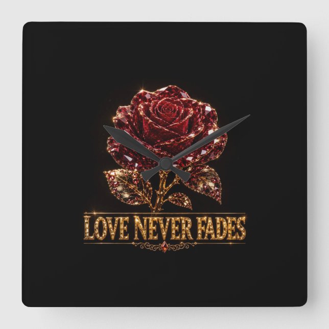 Ruby Crystal Rose – Love Never Fades Square Wall Clock (Front)