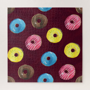 Ruby Doughnuts: Watercolor Seamless Pattern. Jigsaw Puzzle