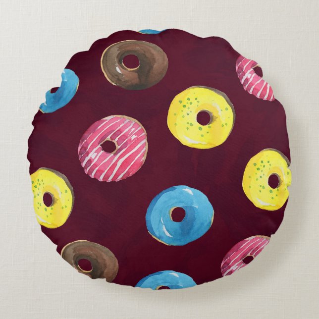Ruby Doughnuts: Watercolor Seamless Pattern. Round Pillow (Front)
