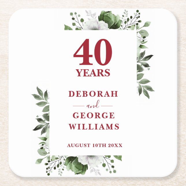 Ruby Elegant Floral 40th Wedding Anniversary  Square Paper Coaster (Front)