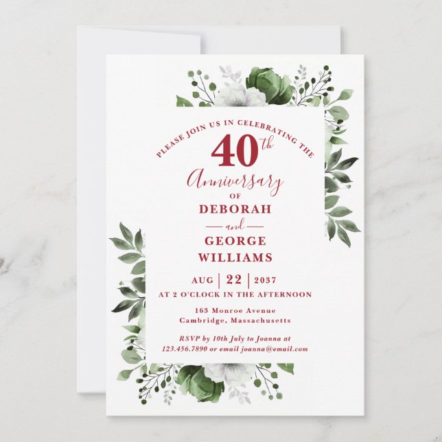 Ruby Elegant Greenery 40th Wedding Anniversary  Invitation (Front)