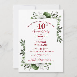 Ruby Elegant Greenery 40th Wedding Anniversary  Invitation