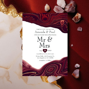 Ruby Garnet and Gold Strata Agate Mr & Mrs Wedding Invitation
