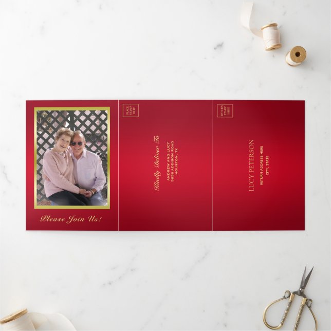 Ruby, Gold Photo, QR Code 50th Wedding Anniversary Tri-Fold Invitation (Outside)