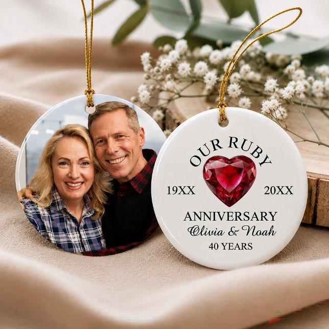 Ruby Heart 40th Wedding Anniversary Personalized Ceramic Ornament (Creator Uploaded)