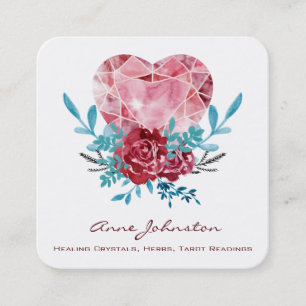 Ruby Heart Boho Floral Watercolor Square Business Card