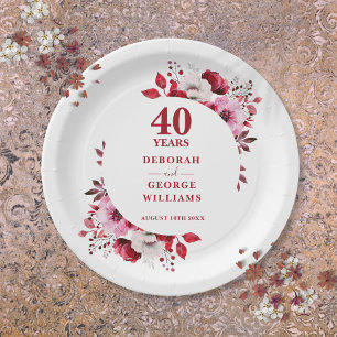 Ruby Modern Floral 40th Wedding Anniversary Paper Plate