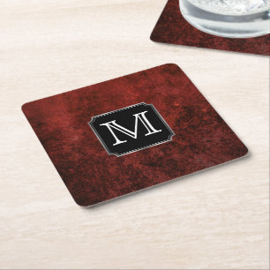 Ruby Party Monogram Crimson Red Black White Square Paper Coaster