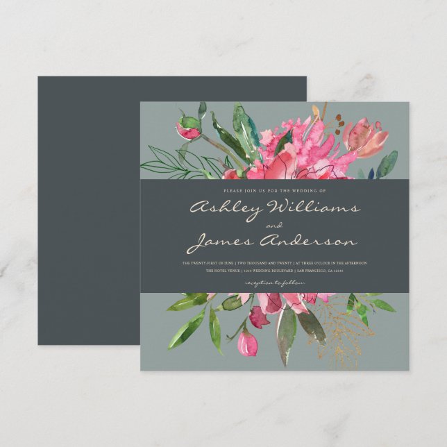 Ruby Peony Floral Wedding Invitation | Square (Front/Back)