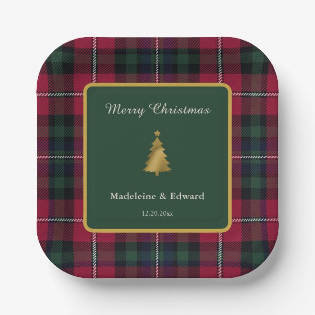 Ruby Pine Holiday Tartan Gold Tree Square  Paper Plate (Front)