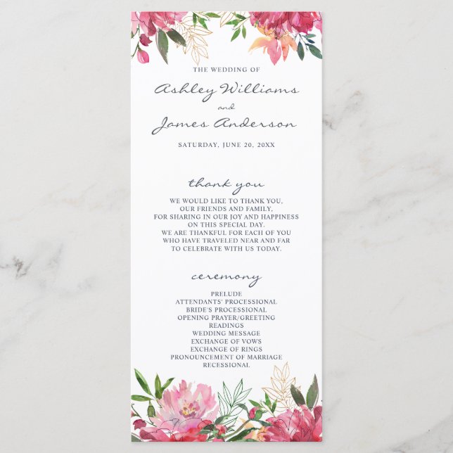 Ruby Pink Peony Botanical Wedding Program (Front)