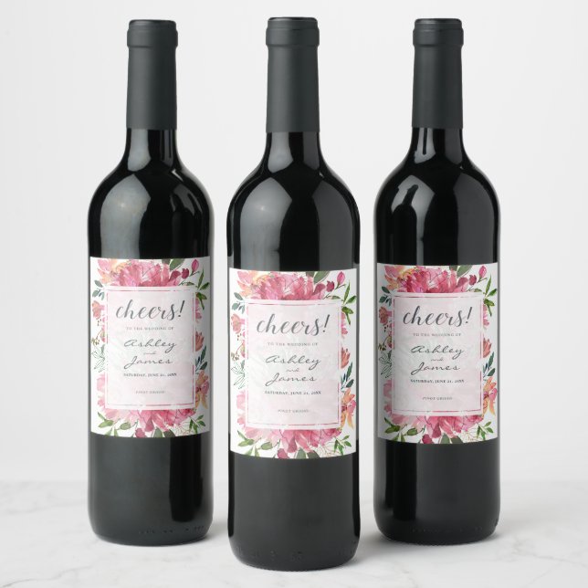 Ruby Pink Peony Floral Botanical Cheers Wedding Wine Label (Bottles)