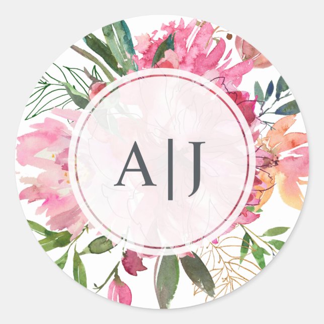 Ruby Pink Peony Floral Botanical Monogram Classic Round Sticker (Front)