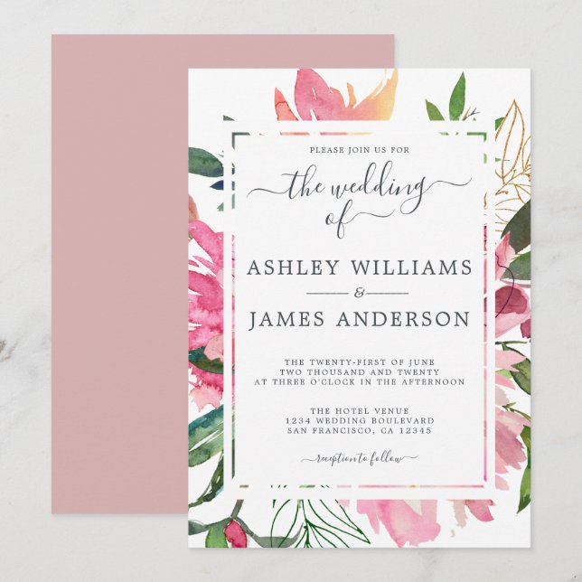 Ruby Pink Peony Floral Botanical Wedding Invitation (Front/Back)
