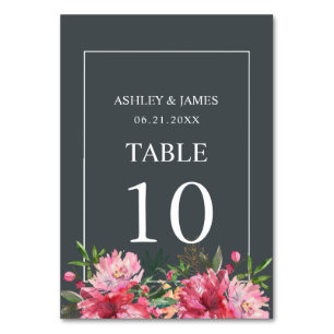 Ruby Pink Peony Floral Botanical Wedding Table Number