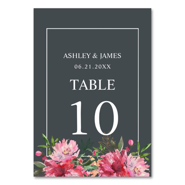 Ruby Pink Peony Floral Botanical Wedding Table Number (Front)