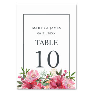 Ruby Pink Peony Floral Botanical Wedding Table Number