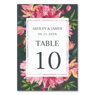 Ruby Pink Peony Floral Botanical Wedding Table Number
