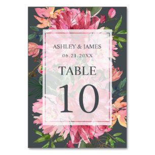 Ruby Pink Peony Floral Botanical Wedding Table Number