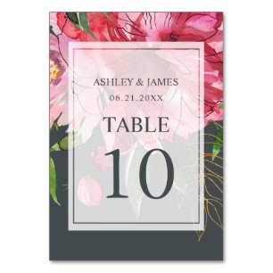 Ruby Pink Peony Floral Botanical Wedding Table Number