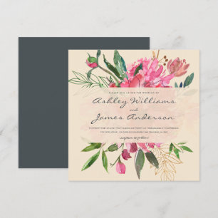 Ruby Pink Peony Floral Bouquet Ivory Wedding Invitation