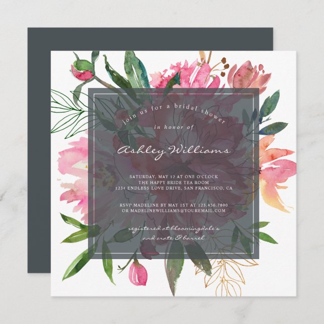 Ruby Pink Peony Floral Bridal Shower Invitation (Front/Back)