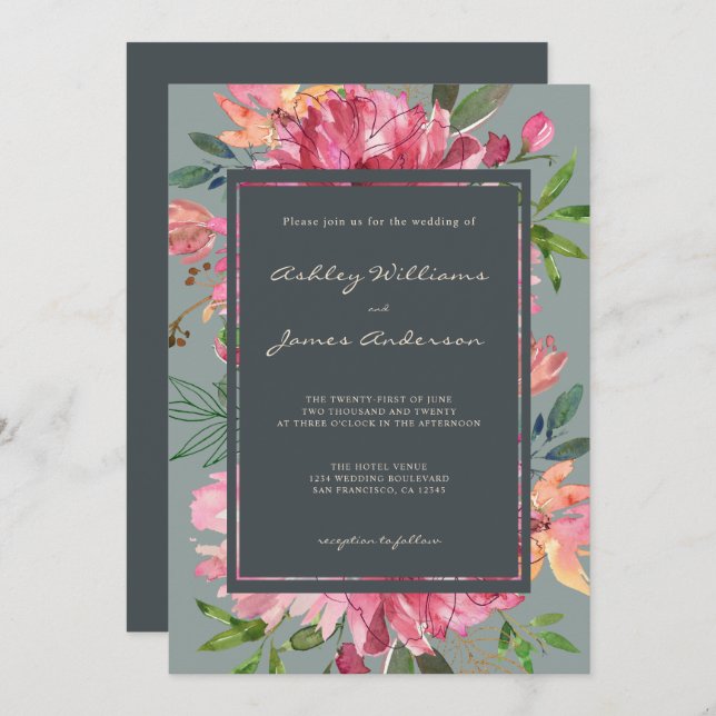 Ruby Pink Peony Floral Green Wedding Invitation (Front/Back)
