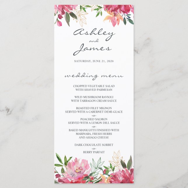 Ruby Pink Peony Floral Wedding Menu (Front)