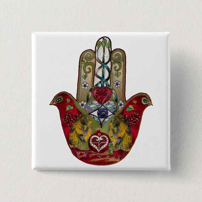 Ruby Pomegranate Heart Red Bird Hamsa 2 Inch Square Button (Front)