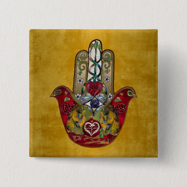 Ruby Pomegranate Heart Red Bird Hamsa 2 Inch Square Button (Front)