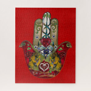 Ruby Pomegranate Heart Red Bird Hamsa Jigsaw Puzzle