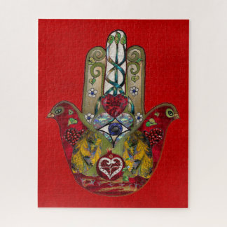 Ruby Pomegranate Heart Red Bird Hamsa Jigsaw Puzzle