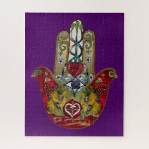 Ruby Pomegranate Heart Red Bird Hamsa Jigsaw Puzzle