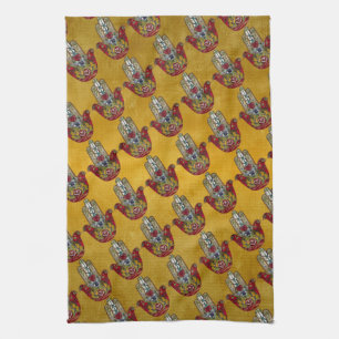 Ruby Pomegranate Heart Red Bird Hamsa Kitchen Towel