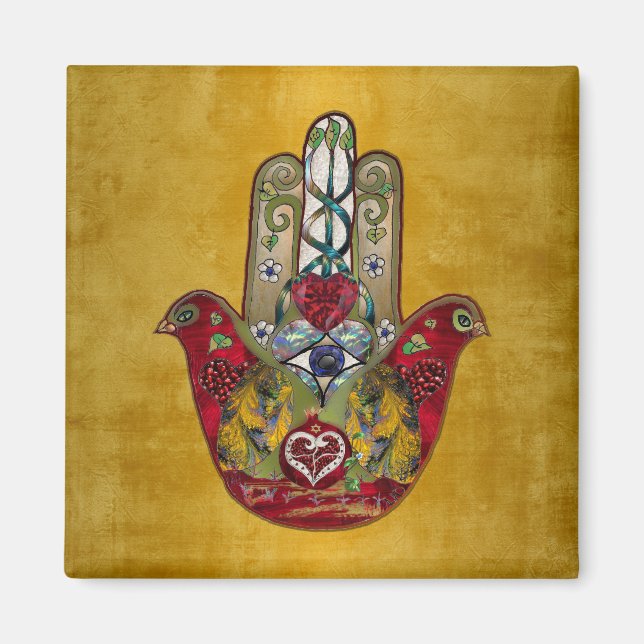 Ruby Pomegranate Heart Red Bird Hamsa Magnet (Front)