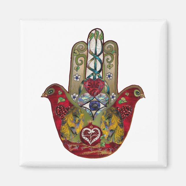Ruby Pomegranate Heart Red Bird Hamsa Magnet (Front)
