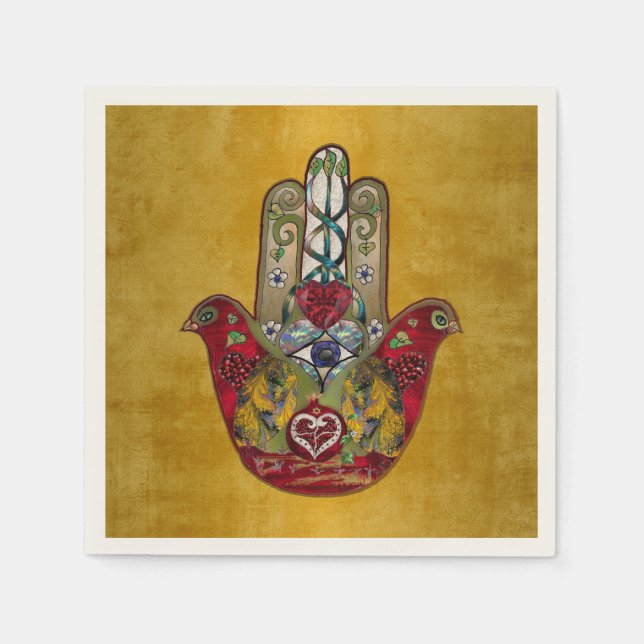 Ruby Pomegranate Heart Red Bird Hamsa Napkin (Front)