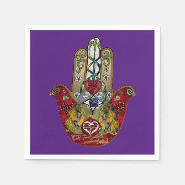 Ruby Pomegranate Heart Red Bird Hamsa Napkin (Front)