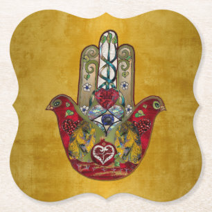 Ruby Pomegranate Heart Red Bird Hamsa Paper Coaster