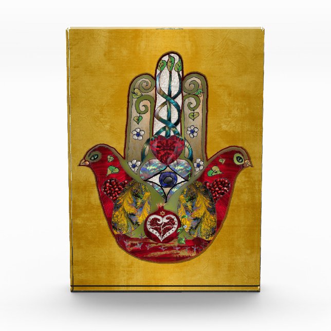 Ruby Pomegranate Heart Red Bird Hamsa Photo Block (Front)