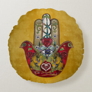 Ruby Pomegranate Heart Red Bird Hamsa Round Pillow