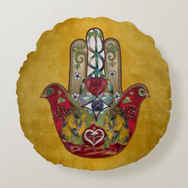 Ruby Pomegranate Heart Red Bird Hamsa Round Pillow (Front)