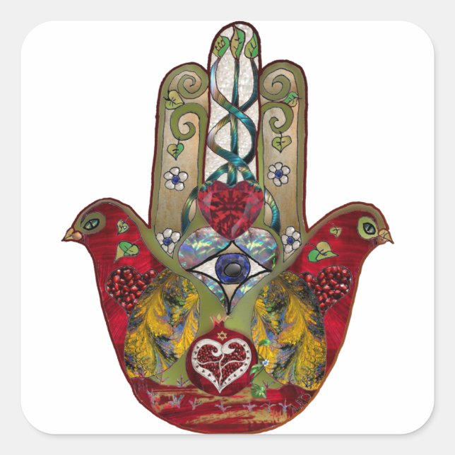 Ruby Pomegranate Heart Red Bird Hamsa Square Sticker (Front)