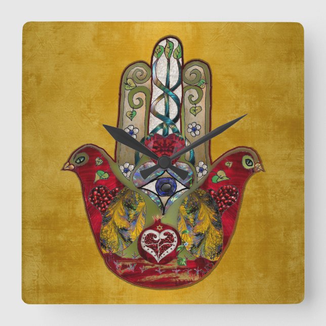 Ruby Pomegranate Heart Red Bird Hamsa Square Wall Clock (Front)